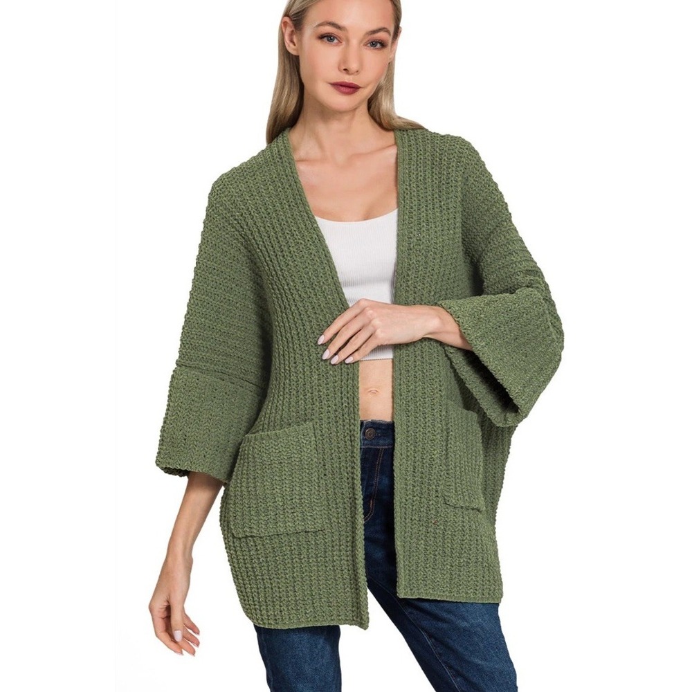 POL Chunky Knit POCKETS Draped OPEN-FRONT Sweater Women's Size L Green Cardigan